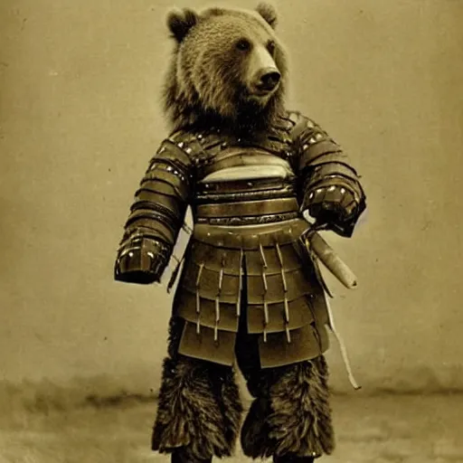 Prompt: “grizzly bear in full samurai armour, 1900’s photo”