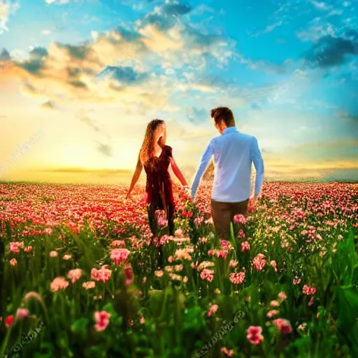 Image similar to a young couple holding hands in a field of flowers at sunset, realistic, intricate, 4k