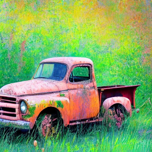 Image similar to impressionist painting of an old rusty pickup truck overrun by very thick kudzu