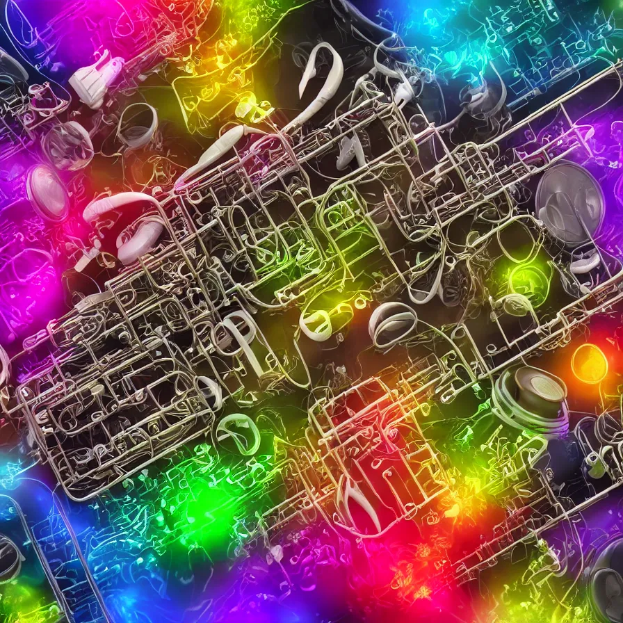 Image similar to realistic detailed 3D render of music, industries, toxic waste, full of colors and musical notes