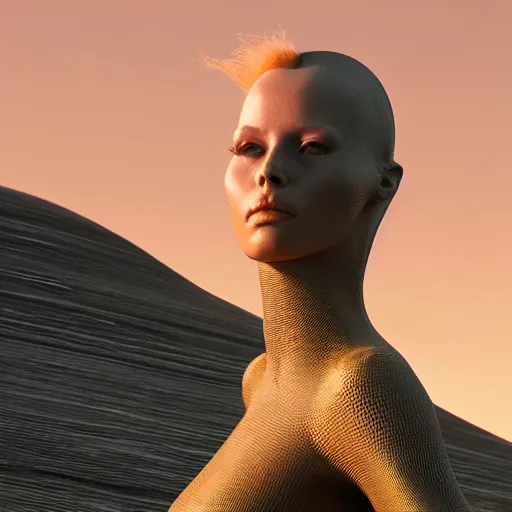 Image similar to a close up of a female woman, synthetic fashion model with large hair, standing on a martian landscape, cinematic movie scene, inspired by the movie the fifth element, by kim jung gi, hyperrealistic, fine details, octane render, volumetric lighting