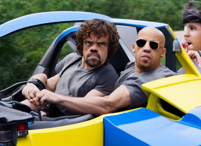 Image similar to peter dinklage racing vin diesel driving a little tikes cozy coupe cars, movie still, from the new fast and furious movie, 8 k, realistic