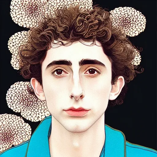 Image similar to “ timothee chalamet portrait by ikenaga yasunari and ayana otake and ko rakusui, 6 0 s poster, drawing, realistic, sharp focus, japanese, dreamy, nostalgia, faded, golden hues, floral clothes ”