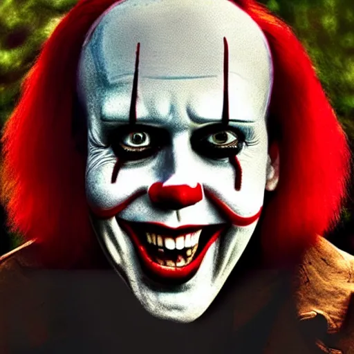 Image similar to nicholas cage as pennywise portrait, cinematic, realistic photography