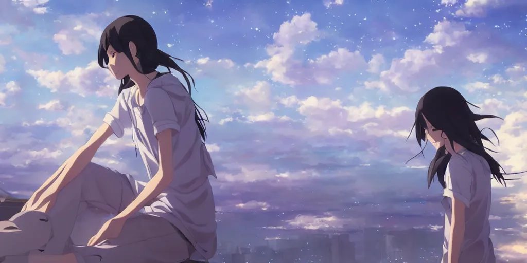 Prompt: girl ; the most beautiful painting in the world ; by makoto shinkai