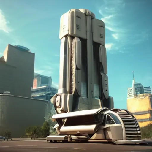 Image similar to a promotional movie still of a futuristic flying truck. the truck is hovering high in the air next to a tall impressive looking building. the truck looks like a food truck. fifth element ( 1 9 9 7 ), unreal engine 5, octane 3 d, render, imax 7 0 mm