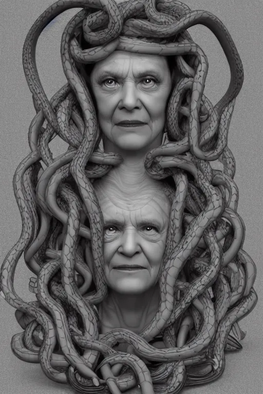 Prompt: portrait of Medusa from Greek mythology, as an old mean woman, with snakes for hair, 3d render, digital art, photo-realistic