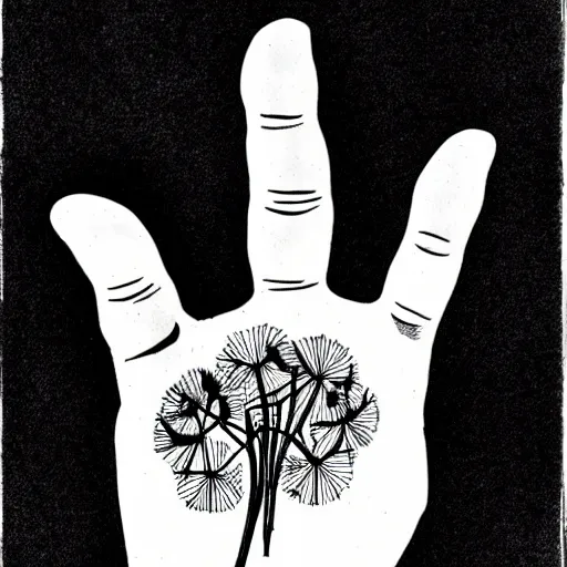 Image similar to a hand with dandelions growing out of it, pen and ink style