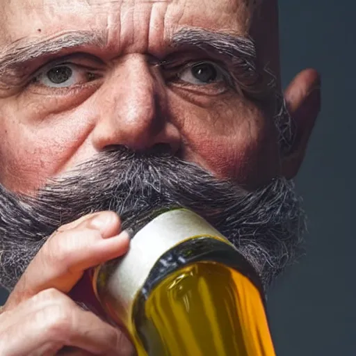 Prompt: Old bald man, with an orange beard, drinking a bottle of wine, Lonely