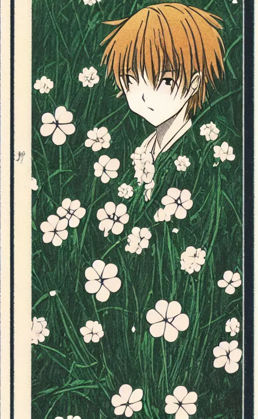 Prompt: by akio watanabe, manga art, just a clover trasported by the wind, trading card front