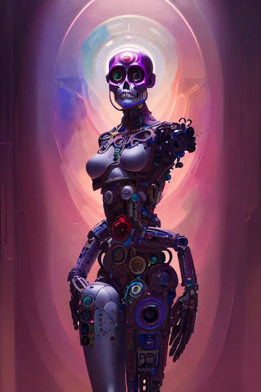 Image similar to ultra detailed, the creation of a female android, sci - fi, triadic color scheme, ( dia de los muertos ), asymmetrical, intricate concept art, art by godmachine and michael welan and dzo and greg rutkowski and alphonse mucha and loish and wlop