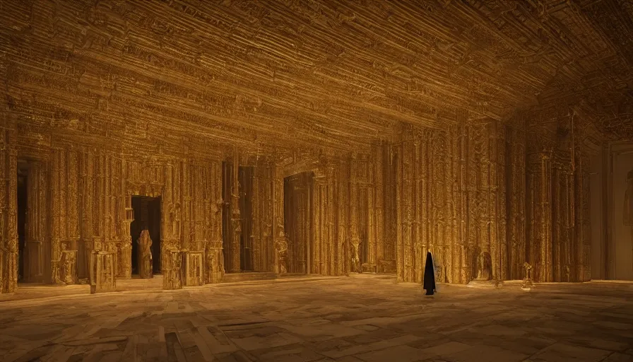 Prompt: An Enigmatic Ritual Performed by hooded figures in a detailed temple with dynamic lights and shadows, Roger Deakins, Cinematic Lighting, highly detailed, 8k