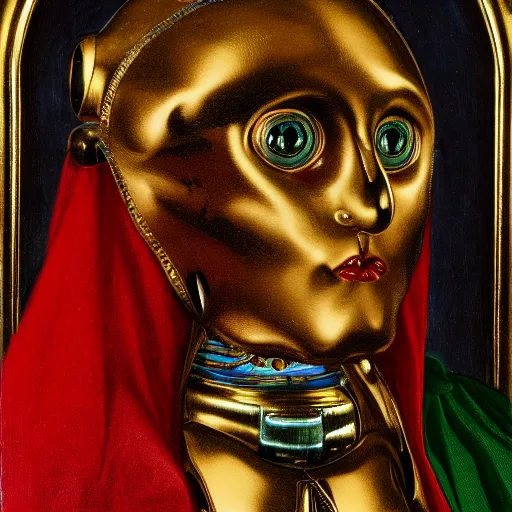 Image similar to a portrait of a shiny metallic renaissance steampunk robot, in the style of Jan van Eyck,