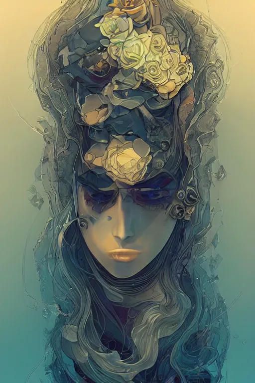 Image similar to 👁🌹👾, phantom, dreary, dramatic, fluid, golden ratio, artstation, moebius + loish, hd,