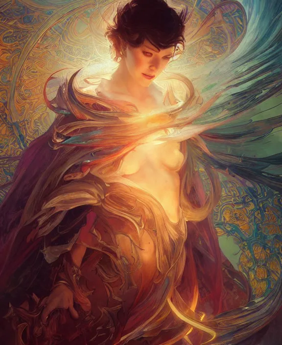 Image similar to a whirlwind of souls rushing inside the metaverse, half body, glowin eyes, d & d, fantasy, intricate, elegant, highly detailed, colorful, vivid color, digital painting, artstation, concept art, art by artgerm and greg rutkowski and alphonse mucha and ruan jia