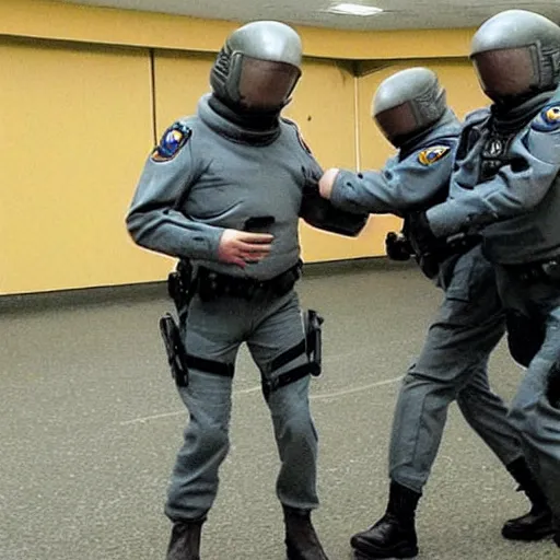 Image similar to extraterrestrial zeta reticulan grey alien, being arrested by spetsnaz