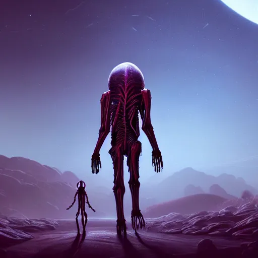 Image similar to a creature made out of visible arteries and veins and bones and muscles and spine and nerves, walking on an alien planet with aliens plants, looking at an alien breathtaking landscape, cinematic lighting, concept art, artstation