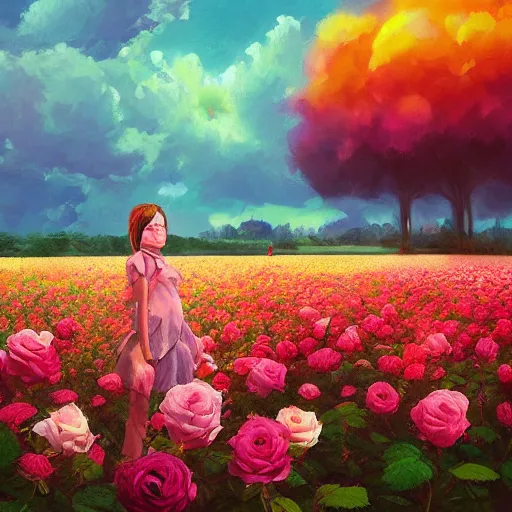 Image similar to large rose for face, girl frontal in a flower field, surreal photography, sunrise dramatic light, impressionist painting, colorful clouds, digital painting, artstation, simon stalenhag