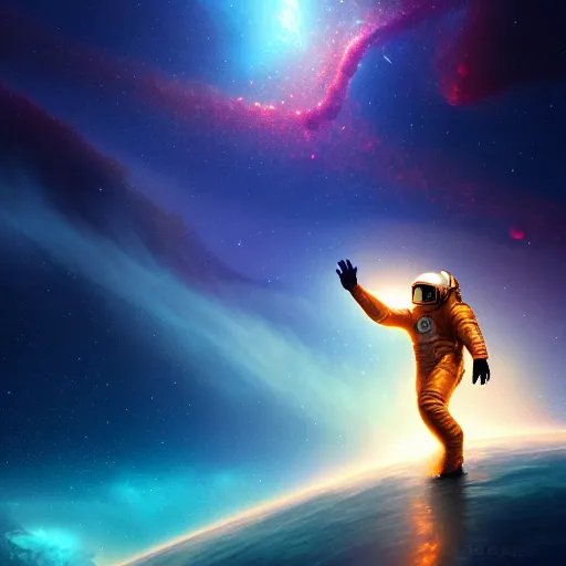 Image similar to Astronaut surfing on a nebula, realistic concept, light atmosphere, golden ratio, wide shot, cinematic lighting, hyperdetailed, high detailed, high resolution, insanely detailed and intricate, artstation, Marc Simonetti, Greg Rutkowski, octane render, unreal engine, 8k