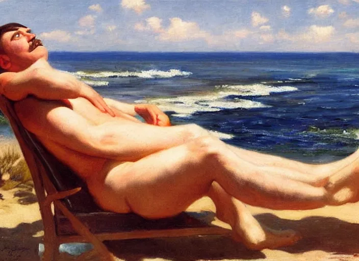 Image similar to adolf hitler sunbathing at an argentinian beach by vladimir volegov and alexander averin and delphin enjolras