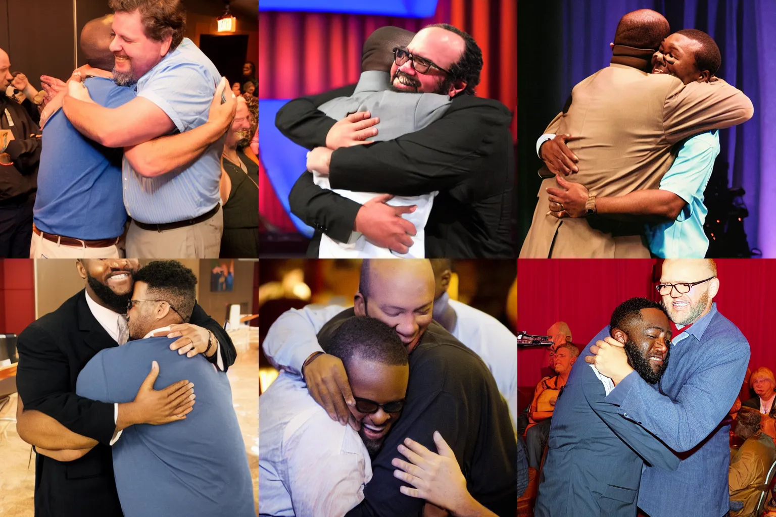 Prompt: Hal Wilkerson hugging Malcom Wilkerson, television, photo