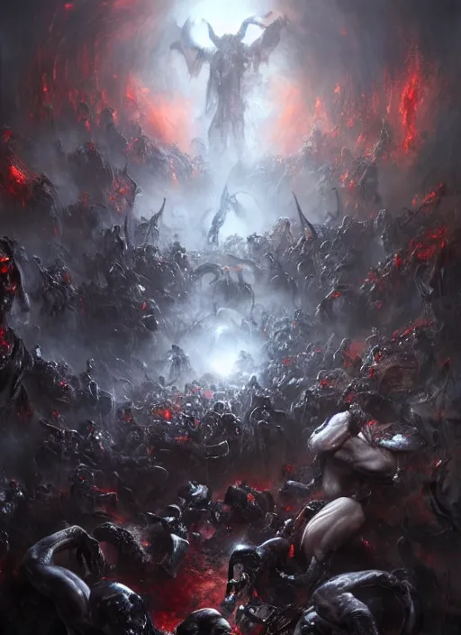 Image similar to Death lurks at the gates of hell, epic scene, painting by Raymond Swanland masterpiece. rendered in blender, ultra realistic, smooth shading, ultra detailed, high resolution, cinematic