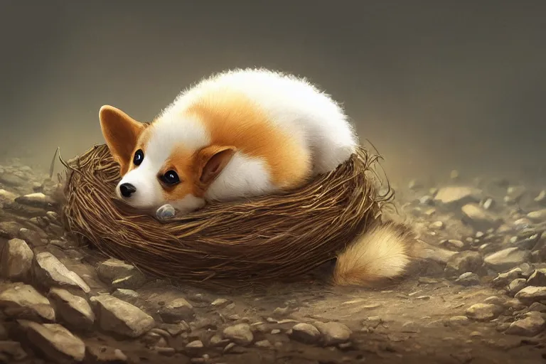 Image similar to a baby corgi crawling out of an egg in a nest, fantasy art, concept art, digital art, trending on artstation, 4 k, extremely detailed, realistic,