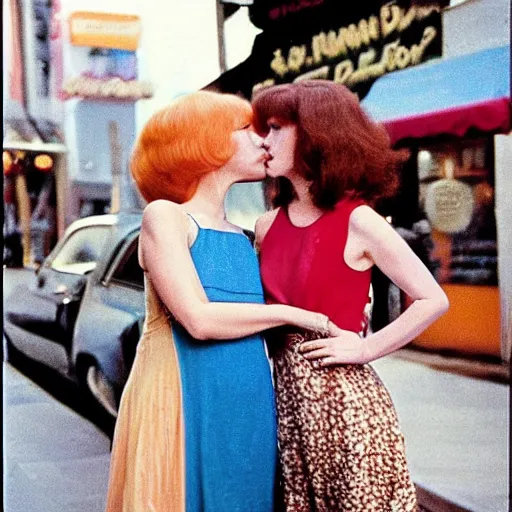 Prompt: 1981 color archival photo of a glamorous woman in a dress, and her friend, who looks like Casper the Friendly Ghost, in a sidewalk cafe, 16mm film soft color, earth tones and soft color 1981, live-action archival footage, in style of doris wishman russ meyer, woman looks like young mia farrow