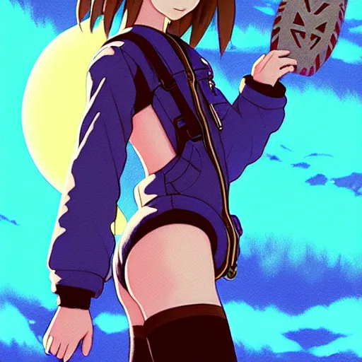 Image similar to beautiful boyish natalie portman gravure model in majora's mask, wearing big mayan bomber jacket with overalls and leotard, big bomber jacket with subtle mayan patterns, aztec bathing suit, gapmoe yandere grimdark, trending on pixiv fanbox, painted by greg rutkowski makoto shinkai takashi takeuchi studio ghibli, akihiko yoshida