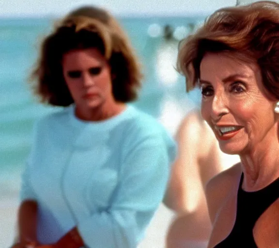 Image similar to color still shot of nancy pelosi on baywatch 1 9 8 9 tv show, face closeup,