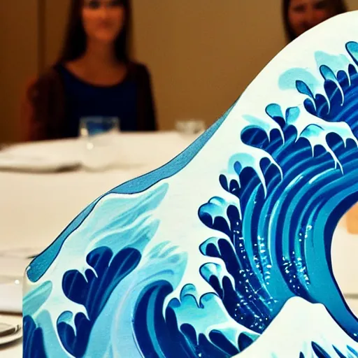 Image similar to a white and blue sculpture of The Great Wave off Kanagawa on a table