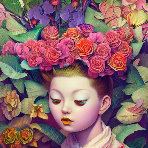 Image similar to hyper detailed illustration like a Oil painting - a vivid exotic flowers, long petals, huge blossoms, by James Jean, Masterpiece, Edward Hopper and James Gilleard, Ross Tran, Mark Ryden, Wolfgang Lettl, hints of Yayoi Kasuma, surreal