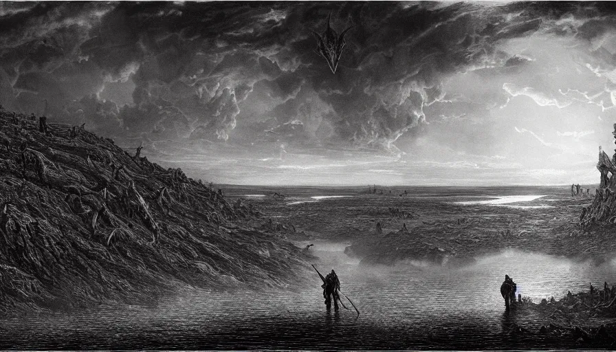 Prompt: bloody river in hell, by Gustave Dore, people walking into the horizon, red river, dragon flying in sky, trending on artstation