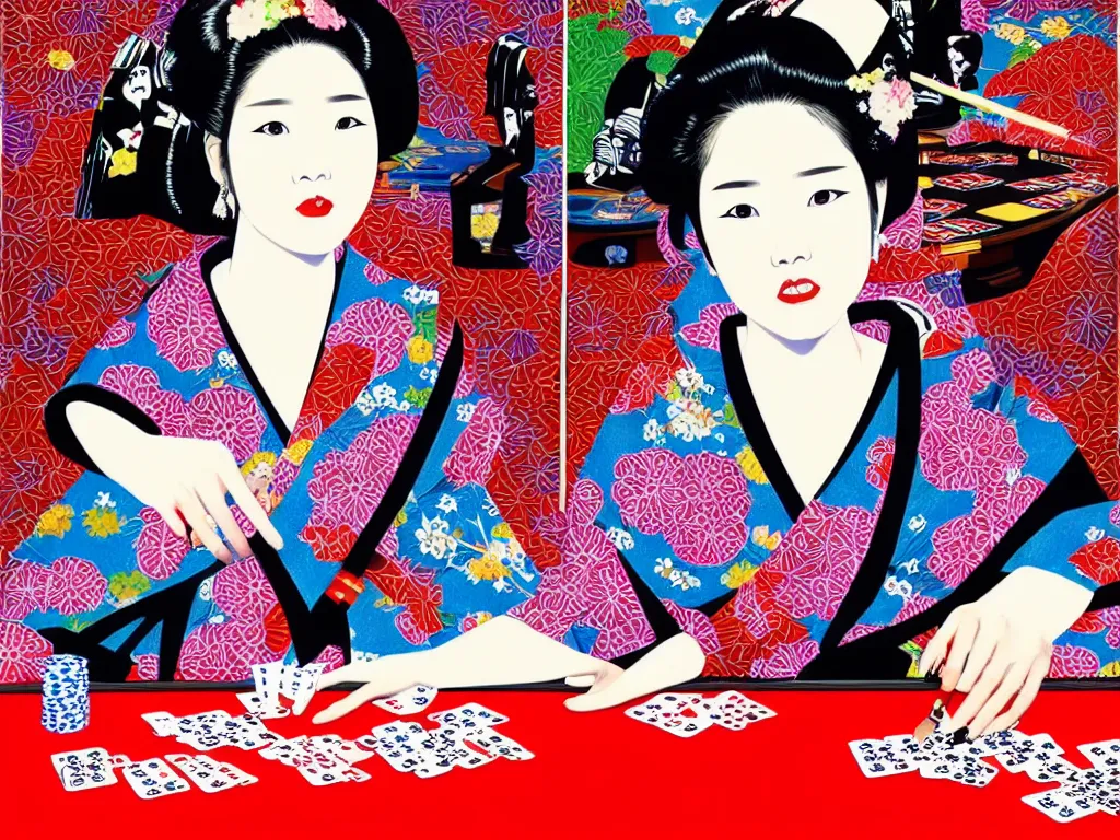 Image similar to hyperrealistic composition of the detailed woman in a japanese kimono sitting at a extremely detailed poker table with detailed darth vader, fireworks, mount fuji on the background, pop - art style, jacky tsai style, andy warhol style, acrylic on canvas