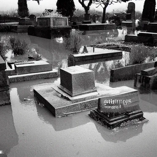 Prompt: the photograph shows a grave that has been flooded with water. the grave is located in a cemetery in italy. the water in the grave is dirty and there is trash floating in it. the grave is surrounded by a fence. motion blur by paul klee, by h. r. ( hans ruedi ) giger serene