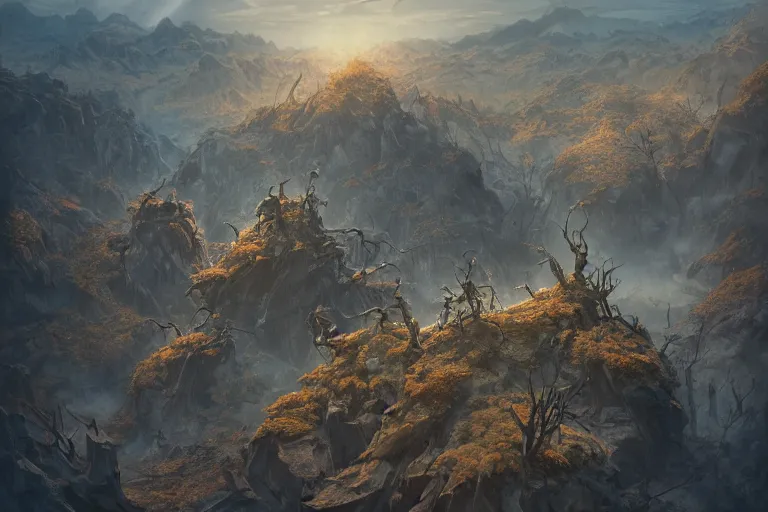 Image similar to high aerial shot, cinematic fantasy painting, dungeons and dragons, barren dry land, desert valley of bones, isolated autumn maple bonsai, with sunset lighting ominous shadows by jessica rossier and brian froud and hr giger