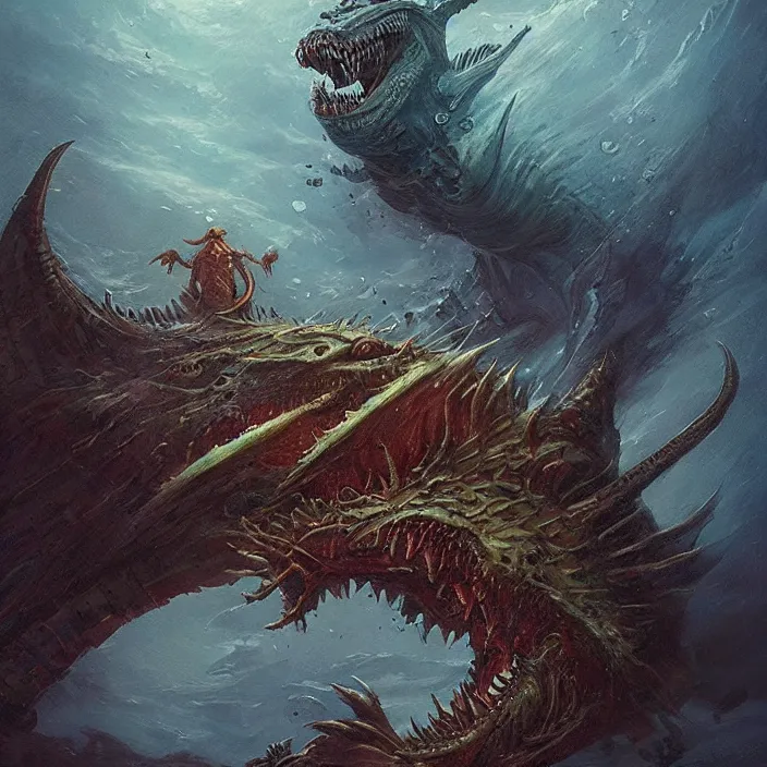 Image similar to sea monster large horror under the ocean d & d, d & d style, trending on artstation, intricate, highly detailed, vivid painting, colorful, art by greg rutkowski