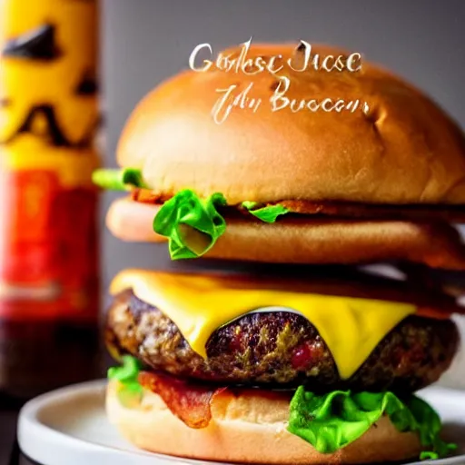 Image similar to bacon cheese burger, very tall, stacked, award winning food photography, golden hour, holy