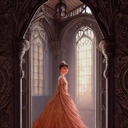 Image similar to audrey hepburn in an epic victorian novel, inside an ornate castle, intricate, elegant, highly detailed, digital painting, artstation, matte, illustration, art by artgerm, greg rutkowski, loish, rhads, ferdinand knab, makoto shinkai, lois van baarle, ilya kuvshinov, rossdraws, tom bagshaw