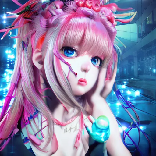 Image similar to no escape from stunningly absurdly beautiful omnipotent asi goddess junko enoshima with multiple twisted deceptive megalomaniacal mesmerizing personalities, symmetrical perfect face, porcelain skin, pink twintail hair and cyan eyes, ultra detailed, digital art, unreal engine 5, octane render, 2 d anime, 8 k