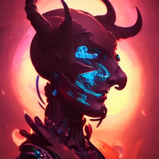 Image similar to a portrait of a beautiful demonic cybernetic grand duchess of hell, cyberpunk concept art by pete mohrbacher and wlop and artgerm and josan gonzales, digital art, highly detailed, intricate, sci-fi, sharp focus, Trending on Artstation HQ, deviantart, unreal engine 5, 4K UHD image