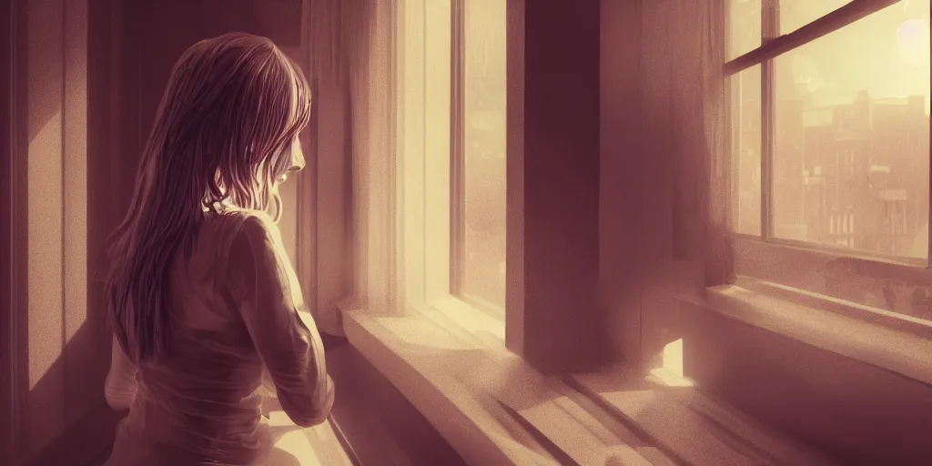 Prompt: the girl on a windowsill, hyper realistic, hyper detailed, epic lighting, cinematic, dynamic volumetric lighting, raytracing, 8 k, glowing lights, wide shot, reality, ultrarealism, 4 k, high res, complex, elegant, highly detailed, soft bokeh