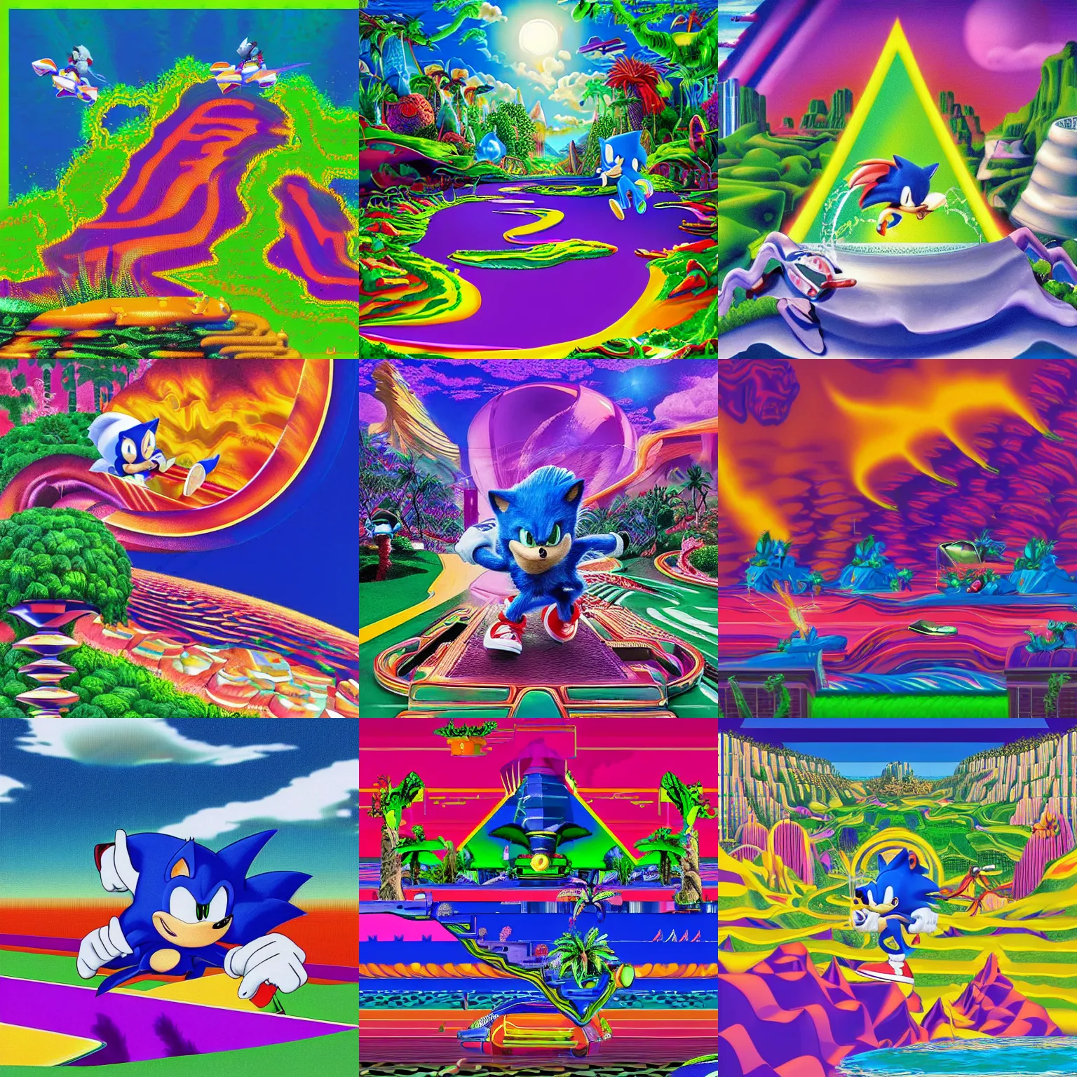 Prompt: sonic the hedgehog in a recursive surreal, sharp, detailed professional, high quality airbrush art MGMT tame impala album cover of a liquid dissolving synthwave vaporwave LSD DMT blue sonic the hedgehog surfing through terragen landscape, purple checkerboard plane, 1990s 1992 Sega Genesis video game album cover,