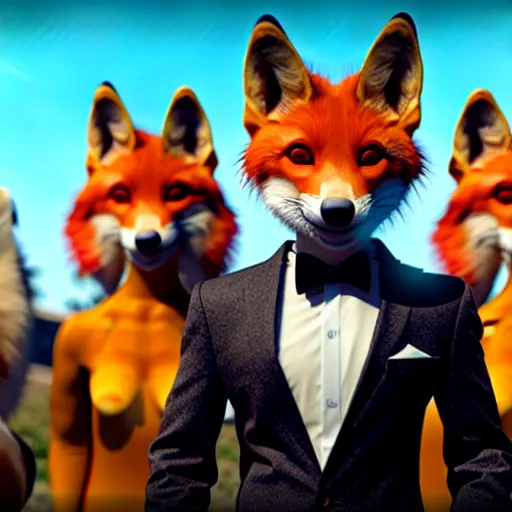 Image similar to movie still photo of cute anthropomorphic vulpes vulpes fulva as james bond : : by weta, greg rutkowski, wlop, ilya kuvshinov, rossdraws, artgerm, octane render, iridescent, bright morning, anime, liosh, mucha : :