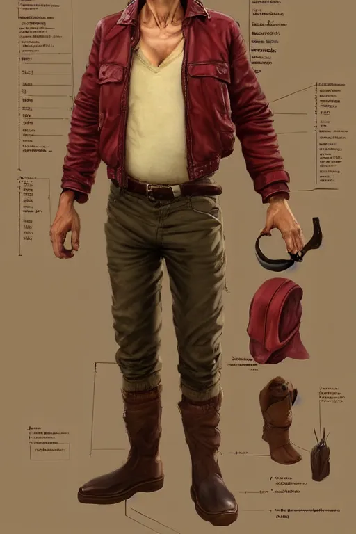 Prompt: character design, reference sheet, 40's adventurer, unshaven, optimistic, stained dirty clothing, straw hat, riding boots, beige t-shirt, dusty dark red bomber leather jacket, shoulder bag, detailed, concept art, photorealistic, hyperdetailed, 3d rendering , art by Leyendecker and frazetta,