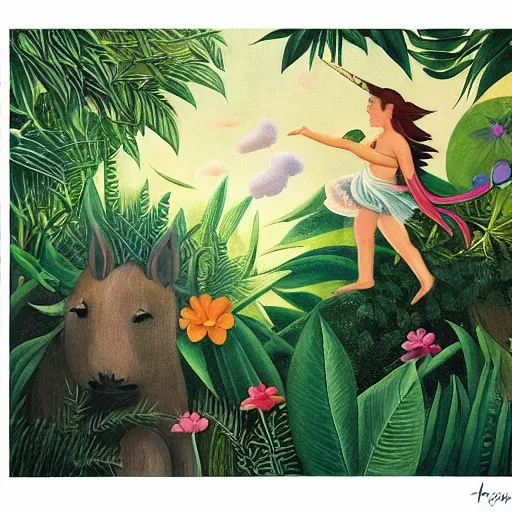 Prompt: A fairy riding a unicorn walking over a rainbow in the jungle by Henri Rousseau and Isami kondo, trending on artstation