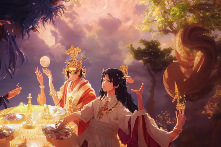 Image similar to close up moment of a divine a japan sun god and a moon goddess lovers magician at a wedding banquet, highly detailed, d & d, fantasy, 4 k realistic, digital painting, trending on artstation, concept art, sharp focus, illustration, art by makoto shinkai and akihiko yoshida and daniel gerhartz