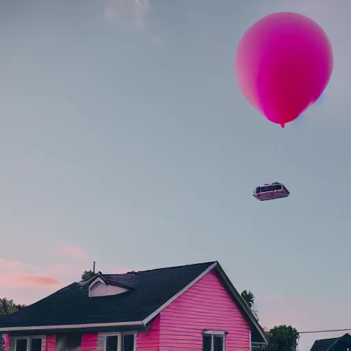 Prompt: a 5 0 mm lens photograph of a cute pink floating modern house, floating in the air between clouds, inspired by the movie up, held up from above by heart ballons. mist, playful composition canon, nikon, award winning, photo of the year