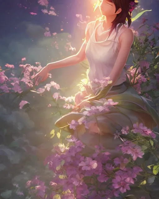 Image similar to goddess of flowers, full shot, perfectly shaded body, atmospheric lighting, detailed face, by makoto shinkai, stanley artgerm lau, wlop, rossdraws