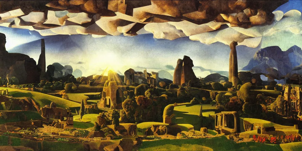 Image similar to bucolic landscape with antique ruins, high detail, crepuscular ray, light through the mist, dramatic lighting, by Grant Wood, by Bekzinsky, by Salvador Dali, by Antoni Gaudi, by Maxfield Parrish, by Nicholas Roerich, by H.R. Giger